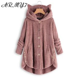 Cat Ears Sweatshirt Dress Ladies Oversized Cotton Coat Winter Warm Women Solid Long Fluffy Hat Tunic Black Pink Plus Size LJ201103