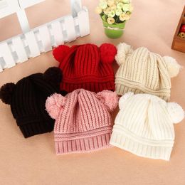 Kid Knit Crochet Beanies Hat Girls Soft Double Balls Winter Warm Hat 5 Colours Outdoor Baby Pompom Ski Caps