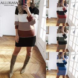 Women's O Neck Sweater Dress Patchwork Colour Long Sleeve Knitted Pullover Casual Lady Clothing Striped Sexy Night Party Dresses 220210