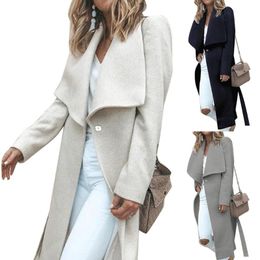 Fall Chic Lady Solid Color Lapel Long Sleeve Button Slit Woolen Overcoat Warm Women Outerwear Winter Coat Casual Slim Fit