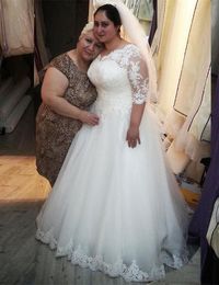 Custom Plus Size beaded Applique Wedding Dresses A Line crew vestidos de novia Floor-Length Bridal Gowns Tulle Three Quarter sleeves