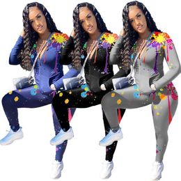 Women tracksuits Designers Clothes Fashion Long Sleeve Spray Painting Zipper V Neck Cardigan Sets