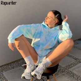 Rapwriter Casual Long Sleeve Tie Dye Hoodie Harajuku Oversize Sweatshirt Blue Winter Clothes Fashion Pullover Tops Streetwear 201203