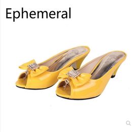 Ladies Spike Heel Slides Peep Toe Patent Leather Shoes Crystal Bow Slipper Med Heel Outdoor Footwear Sweet For Summer Black Blue X1020