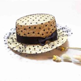 Hot black lace sun hats Panama bow hand made women Flat brim Bowknot straw cap beach big brim hat casual girl summer cap G220301