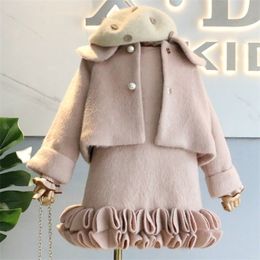 Fashion Girls Winter Clothes Set Long Sleeve Sweater Dress and Coat 2 Pcs Clothing Suit Bow Baby Outfits for Kids Girls Clothes Y1106