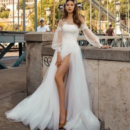 Fashion A Line Wedding Dresses Jewel Long-sleeves Illusion Custom made Appliqued Lace Beaded Princess Bridal Gowns Glitter Sweep Train Robes De Mariée
