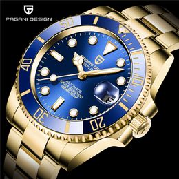 PAGANI Design Full Gold Blue Ceramic Bezel Watch Dive Watches Automatic Mechanical Movement Men Stainless Steel Waterproof Wristwatches