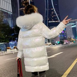 New Long Glossy Hooded Parka Jacket Women Warm Thicken With Fur Collar White Long Winter Coats Parka 201019