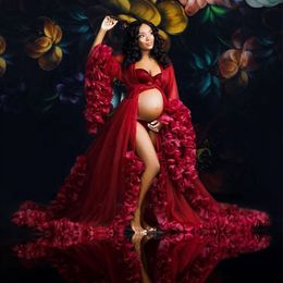Dark Red Maternity Nightgowns Plus Size Ruffles Long Sleeve Photography Tulle Gowns Custom Made Bridal Sleepwear Bathrobe