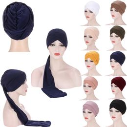 Casual Ladies Muslim Bottoming Caps Long Tail Forehead Cross Hats Pure Colour Bandana Hats Fashion Headwear Ladies Accessories