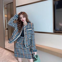 2021 Pink Green New Fashion Autumn And Winter Women Tweed wool Jacket coat And High waist Skirts Suit Two Piece Dress Sets Outfit