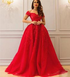 Arabic Evening Dresses Long Red Detachable Train Off Shoulder Vestido Longo Short Sleeve Lace Appliqué Formal Evening Gowns 2020