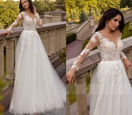 Bohemian A Line Long Sleeve Wedding Dress With Corset Lace Appliques 2022 Bridal For Women V Neck Sweep Train Vestidos De Noiva