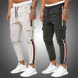 Mens Cargo Joggers Flap Pockets Sweatpants Men Side Stripe Joggers Male Track Pants Skinny Drawstring Grey Trousers Sportswear LJ201104