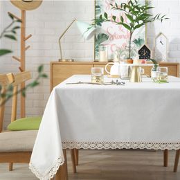 Soild Tablecloth with White Lace Elegant Rectangle Tablecloth Cotton Linen Table Cloth for Home Dinner Tea Table Cover 201123