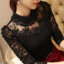Women Sexy Lace Blouse Slim Plus size 3XL Tops Long Sleeve Casual Shirt Beaded Openwork Feminine Hollow Out 220308
