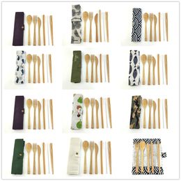 Reusable Retro Bamboo Cutlery Set Wooden Cutlery Flatware Bags Dinnerware Knife Fork Spoon Chopsticks Straw