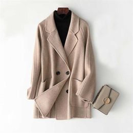 Women Cashmere Midi Length Coat Elegant Turn Down Collar Woollen Coat Drouble Button Design Winter Warm Coat Casaco Feminino 201218