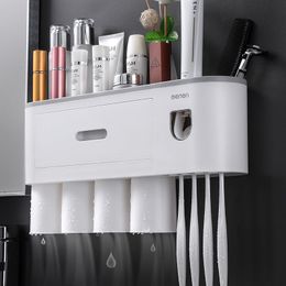 Wall-mounted Magnetic Toothbrush Holder Automatic Toothpaste Dispenser Strong Adsorption Magnetic Cup Bathroom Accessories Sets LJ201204