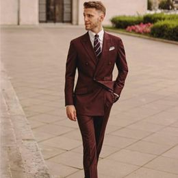 Dark Red Double Breasted Mens Coat Suits Custom Made Plus Size Business Best Man Jacket Blazer 2 Pieces ( Jacket+ Pants)