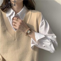 Fashion Korean Women Sweater Vest Autumn Winter Loose Blue V-neck Knitted Sleeveless Pullover for 211220