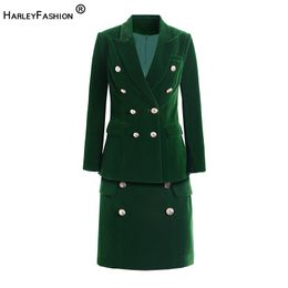 HarleyFashion High Quality Luxury Design Green Velvet Skirts Suits Slim Blazer Mini Skirt High Street Lady Twin Sets Suits 201130
