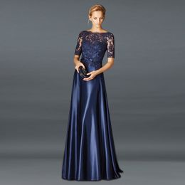 Elegant Navy Blue Mother Of The Bride Dresses A Line Satin Half Sleeves Appliques Long Groom Godmother Evening Dresses For Wedding Party vestidos Robe Soriee 2022