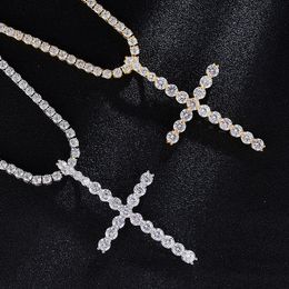 Iced Out Cubic Zirconia Big CZ Cross Pendant Necklace With Tennis Chain Gold Silver Copper Material HipHop Jewellery