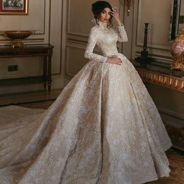 2021 Luxury High Neck Champagne Middle East Wedding Dresses vestidos largo White Lace Appliqued Long Sleeves Arabic Bridal Gowns Court Train