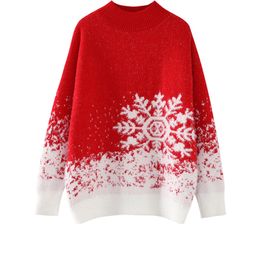 Autumn and winter Loose Red knitted sweater female Christmas snowflake O-Neck Pullovers Warm knit long sleeve tops for women 210204