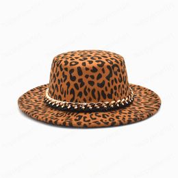 New Leopard Print Wool Fedora Hats For Women Flat Top Bowler Hat Autumn Winter Jazz Cap Wide BrimPanama Hats