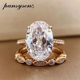 PANSYSEN 9ct Radiant Cut 9*1M lab Diamond Ring sets for Women Solid 925 Sterling Silver 18K Rose Gold Color Rings 220216