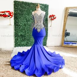 Royal Blue Mermaid Prom Dress For Women 2021 Applique Lace Celebrity Evening Gowns Vestidos De Novia African Formal Party Wear