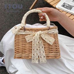 Shopping Bags Casual Summer Rattan Beach Square for Women Large Capacity Shoulder Luxury Bow Designer Female Travel Handbags 220310