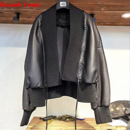 Women's Sheep Genuine Leather Short Jacket Female Thread Stitching Loose Fashion Drawstring Coat Chic Stand Collar Cardigan 201030