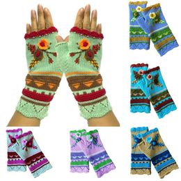 Women Embroidery Gloves Knitted Fingerless Knit Gloves Color Block Splice Mittens Womens