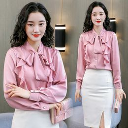 Shirt Ruffle Bow Women's Spring Blouse Satin Chiffon Shirt Fashion Elegant Lady Shirt Plus Size Blouse M L XL 2XL 3XL