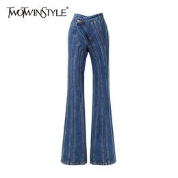 TWOTWINSTYLE Striped Denim Flare Jeans For Women High Waist Casual Irregular Pants Female Fashion New Clothing Autumn Tide 201223
