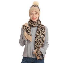 Leopard Knitted Warm Beanies Hat For Girl Ring Scarf Winter Hats Female Caps Scarf 3 Pieces Fashion Winter Hat Set