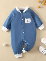 Baby Bear Embroidered Raglan Sleeve Baseball Collar Jumpsuit SHE