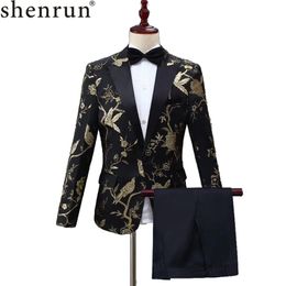 SHENRUN New Design Mens Stylish Embroidery Royal Blue Green Red Floral Pattern Suits Stage Singer Wedding Groom Tuxedo Costume 201106