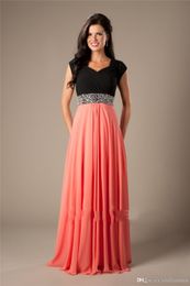 Coral Black Two Tones Long Modest Prom Dresses With Cap Sleeves Beads Belt Ruched Chiffon A-line Elegant Evening Party Dresses