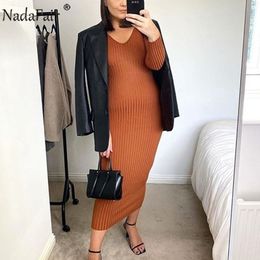Nadafair V Neck Basic Sweater Dress Women Autumn Winter Long Sleeve Casual Knitted Stretchy Midi Bodycon White Woman Dress Y0118
