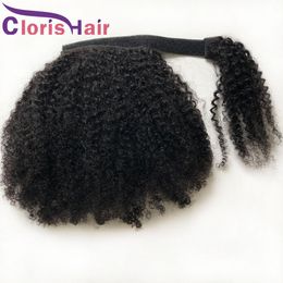 Magic Paste Human Hair Ponytail Afro Kinky Curly Malaysian Virgin Clip In Extensions For Black Women #1B Curly Wrap Around Ponytails