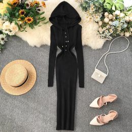 Hooded knitted dress women slim Single breasted vintage bodycon dresses vestidos autumn winter causal sweater long robe 201008