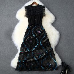 spring luxury sleeveless crew neck polka dot print knitted top embroidery midcalf skirt two piece 2 pieces set jn1015t9920