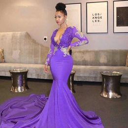Africa Black Girl Purple Prom Dresses 2021 Sexy Deep V Neck Beaded Lace Appliques Evening Gown Long Sleeves Formal Party Dress AL7993