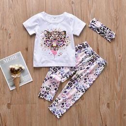 Newborn Baby Girls Clothes Set Short Sleeve Colour Animal Print T-shirt Leopard Pants And Headband Infant Toddler Clothing LJ201223