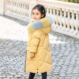 Girls Cotton Padded Jacket Mid-length Thick Winter Clothes Big Fur Collar Hooded Padded Coat 4-13 Years Old Children's Clothing LJ201120